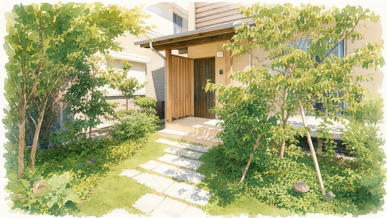 飛び石と植栽のアプローチ、施工後