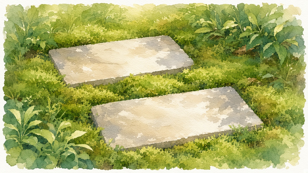 芝の中の飛び石の近景