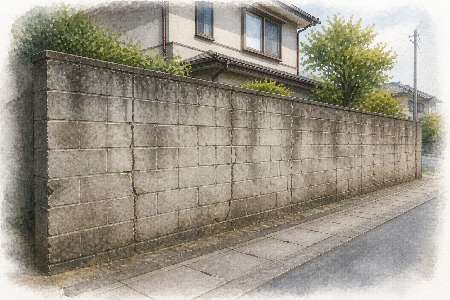 ひび割れが進んだ道路沿いの古いブロック塀