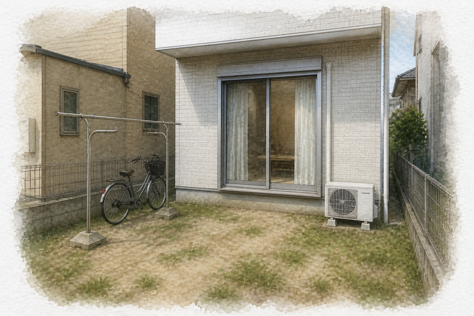 建売住宅の狭い庭と掃き出し窓