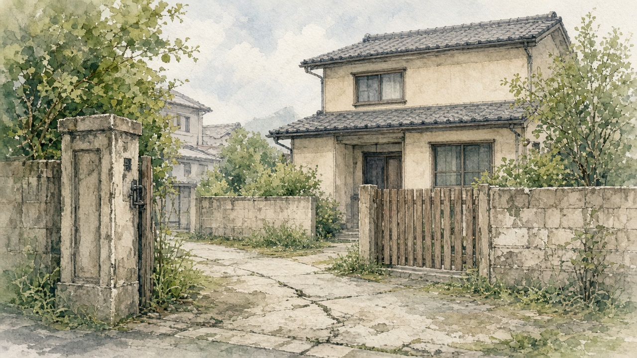 古びて見える門まわりとアプローチ