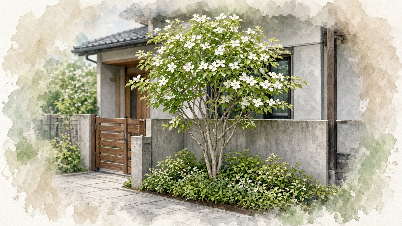 玄関前に植えたヤマボウシの施工後