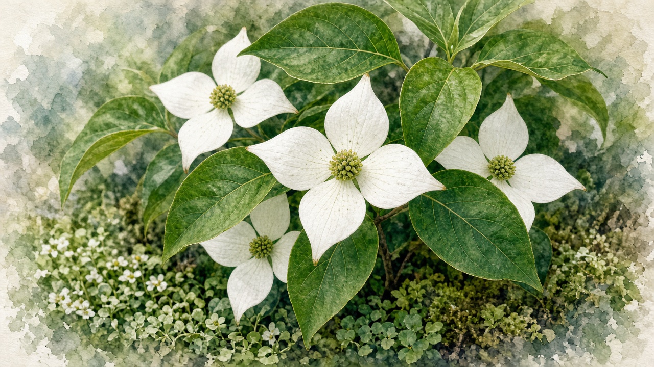 ヤマボウシの花と葉、足元植栽の寄り