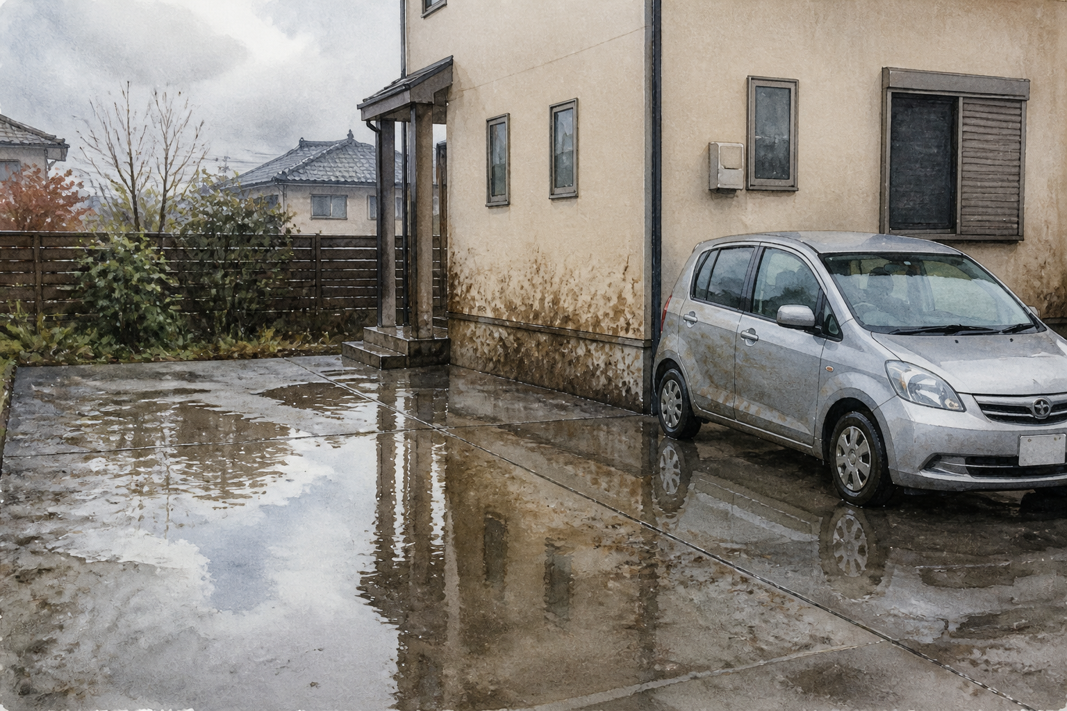 雨のたびに駐車場に水たまりができる