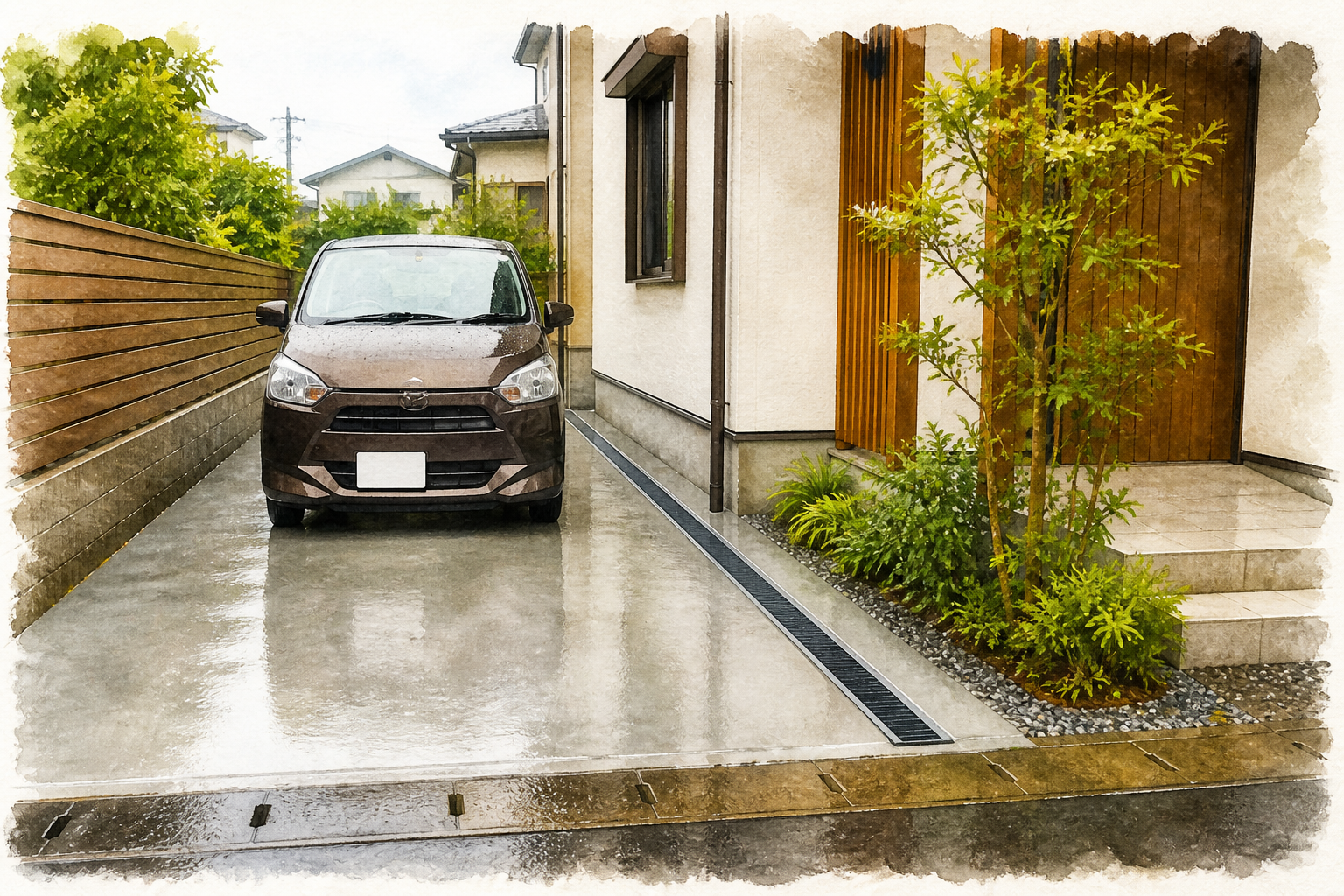 緩い勾配とスリット排水で水たまりを解消