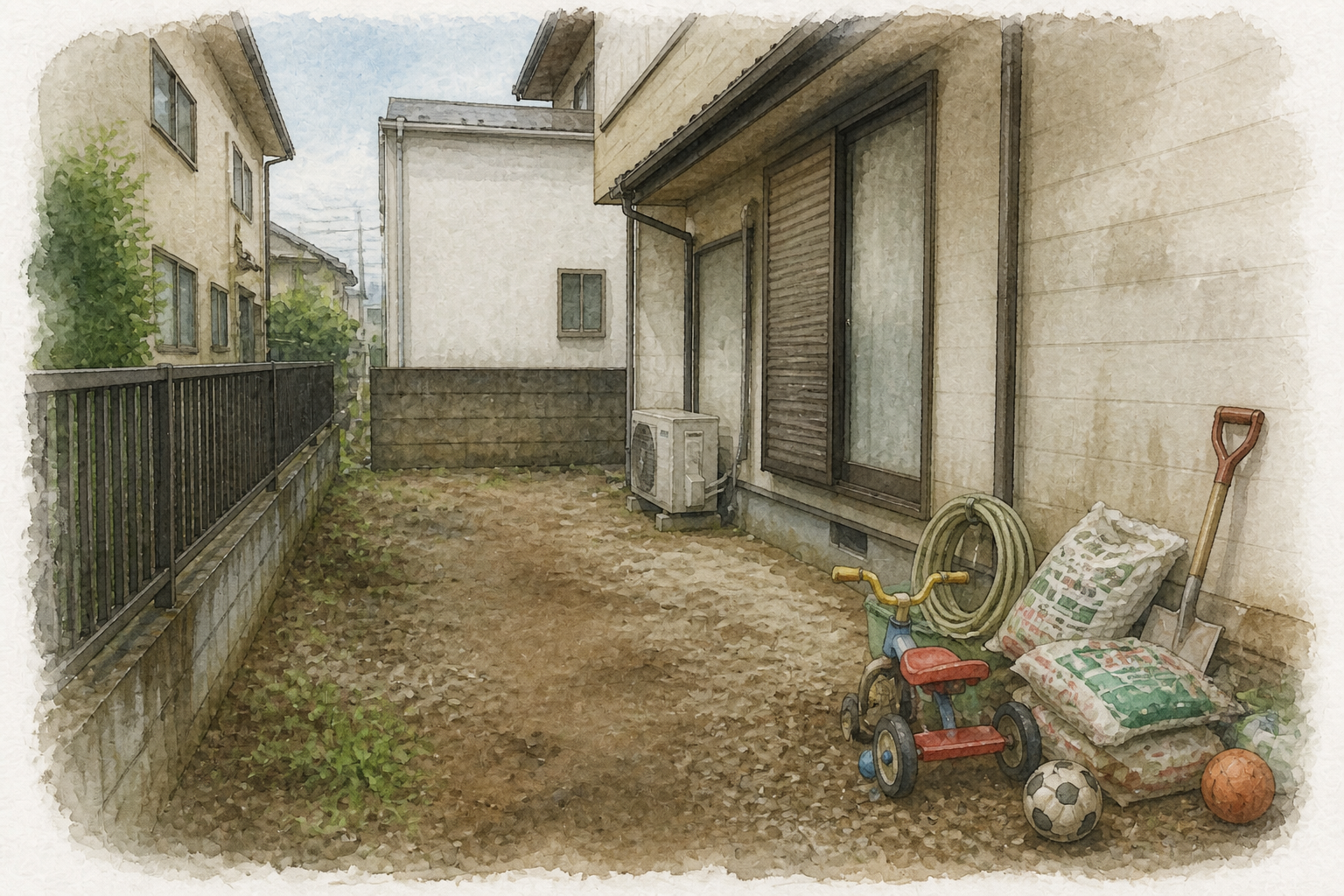 ガーデニング道具と遊具が庭に出ている状態