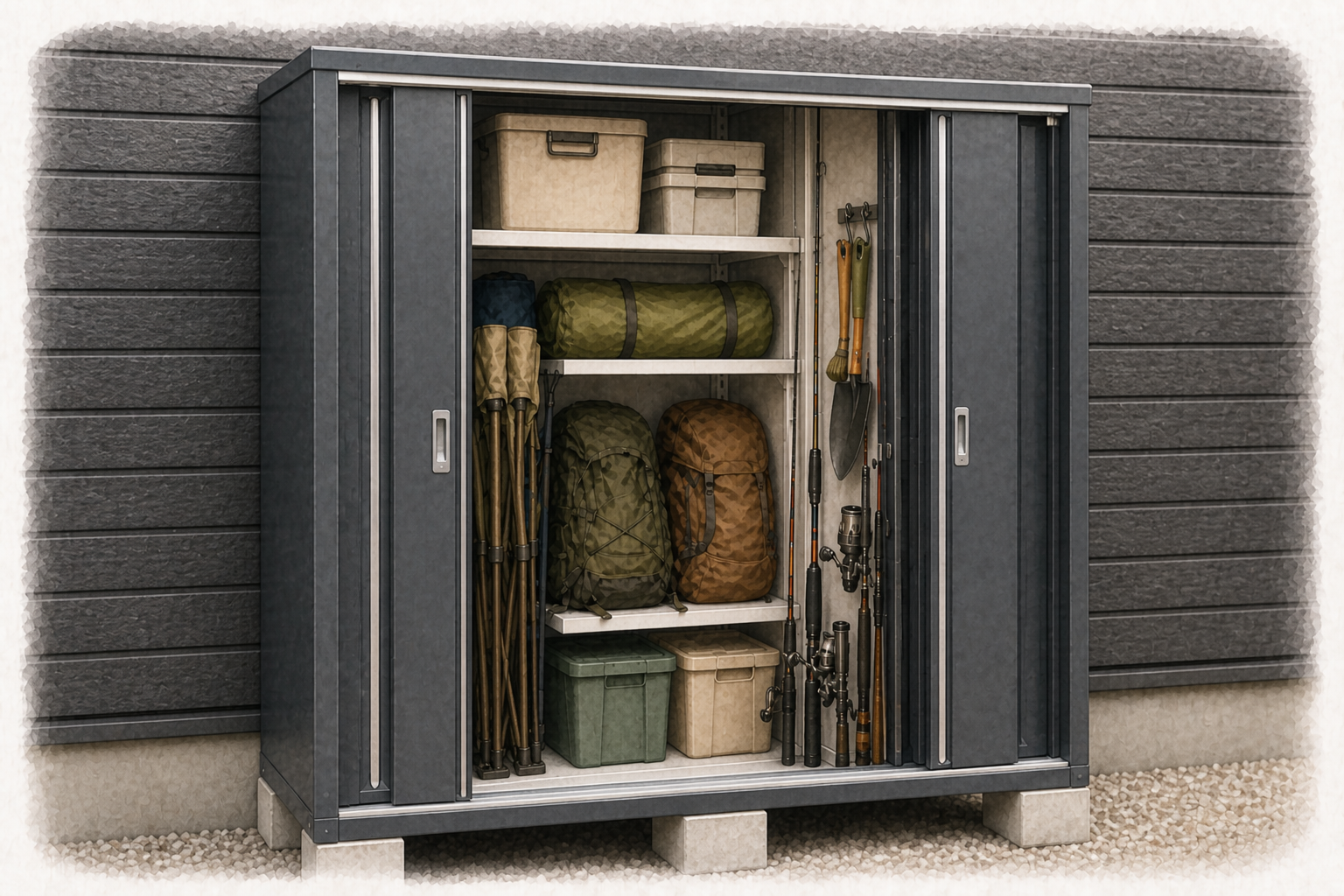 室外機まわりの余白を残した物置配置