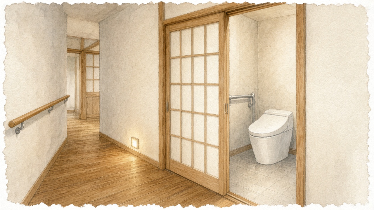 手すりと引き戸を入れた廊下とトイレ入口