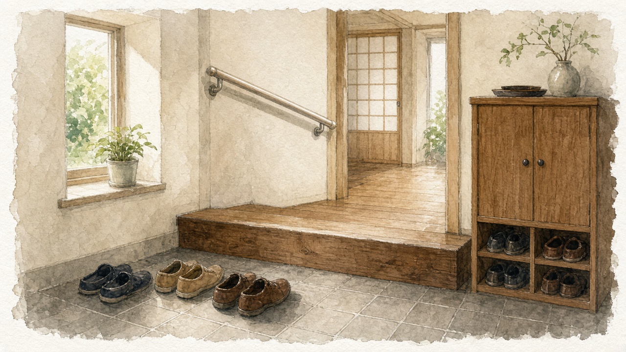 玄関の段差を緩和した手すりまわり