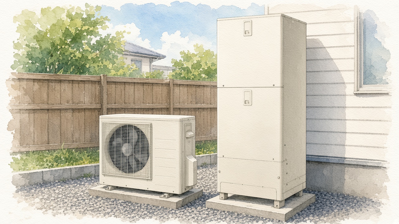 基礎の上に並ぶ貯湯タンクと、ファン付きのヒートポンプ