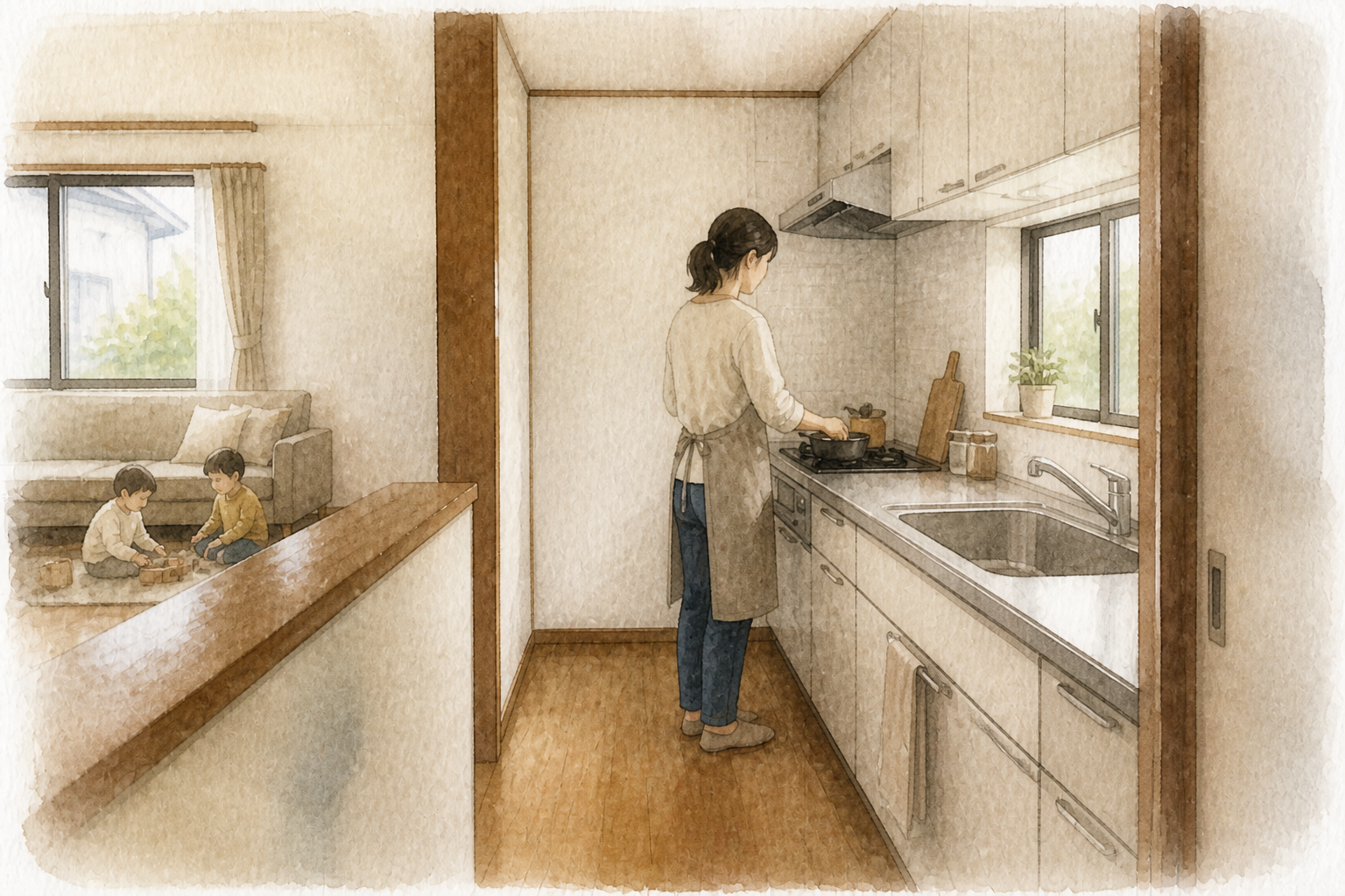 料理中に子どもの顔が見えない壁付けキッチンを対面へ