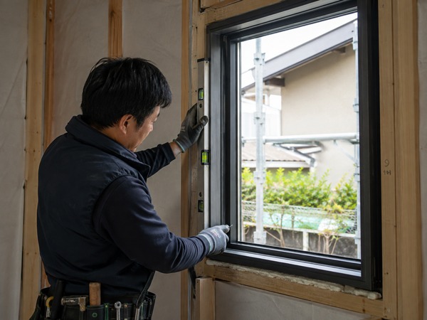 窓枠の水平垂直を確認する取付施工