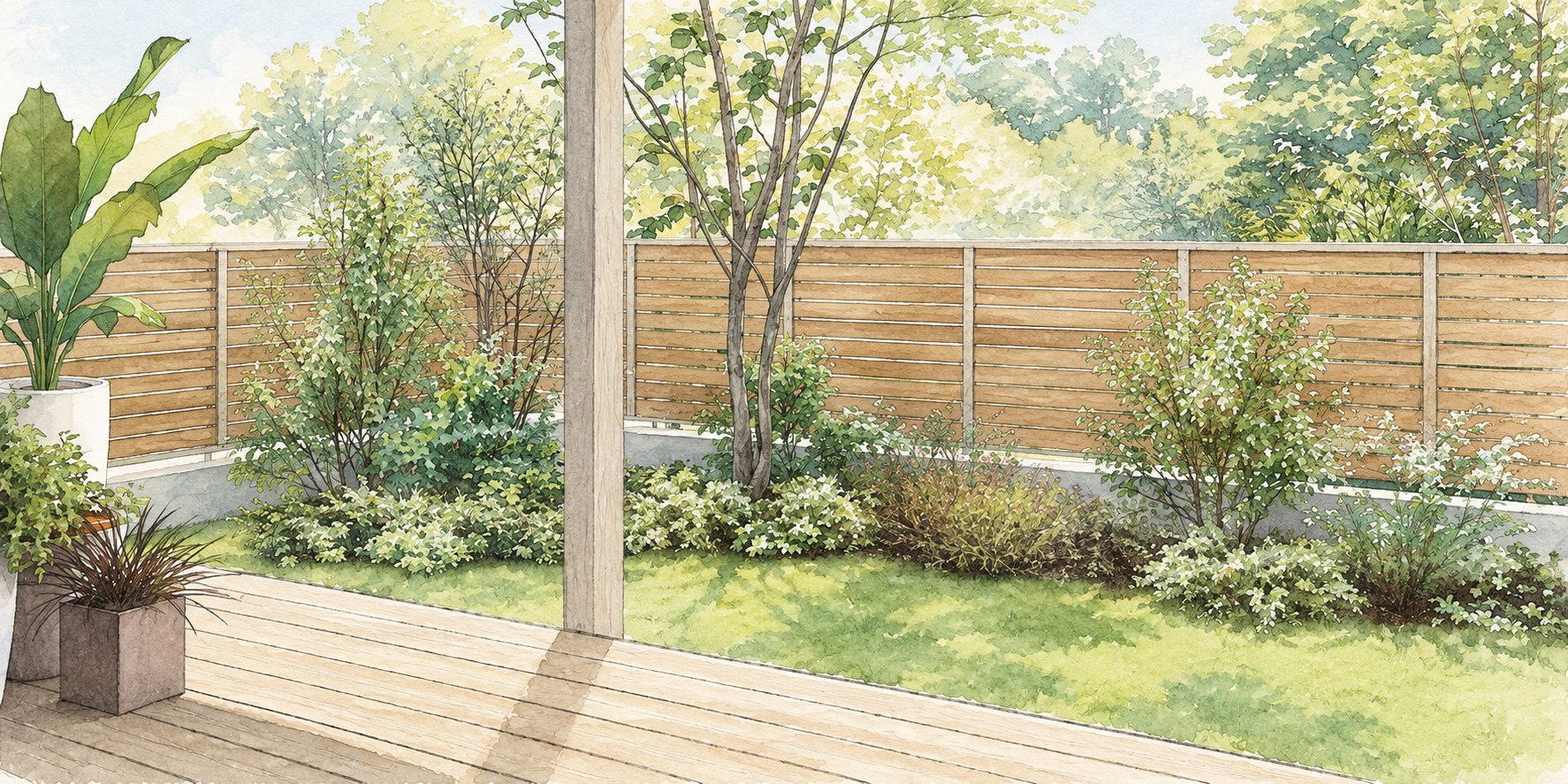 木調フェンスと植栽を組み合わせた庭の目隠し