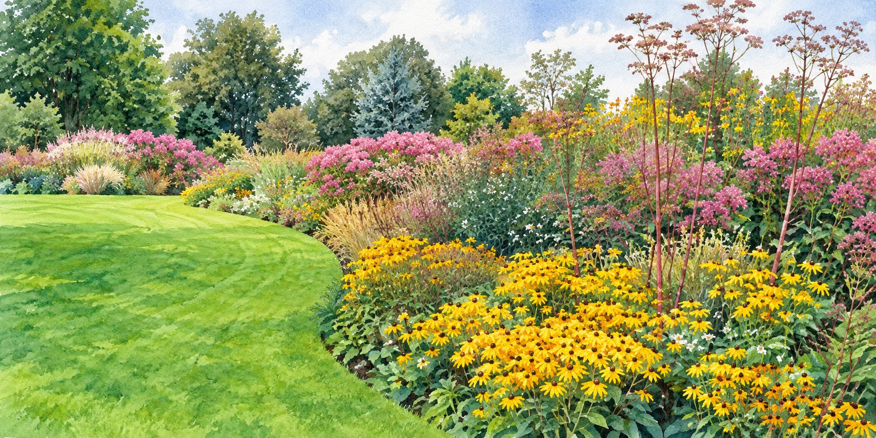 樹木を背景に高さの異なる草花を重ねた曲線の植栽帯