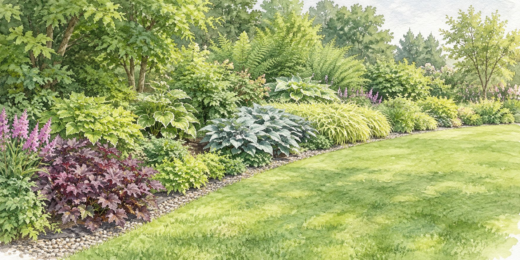 植栽帯と通路側の境界を整えた緑の庭