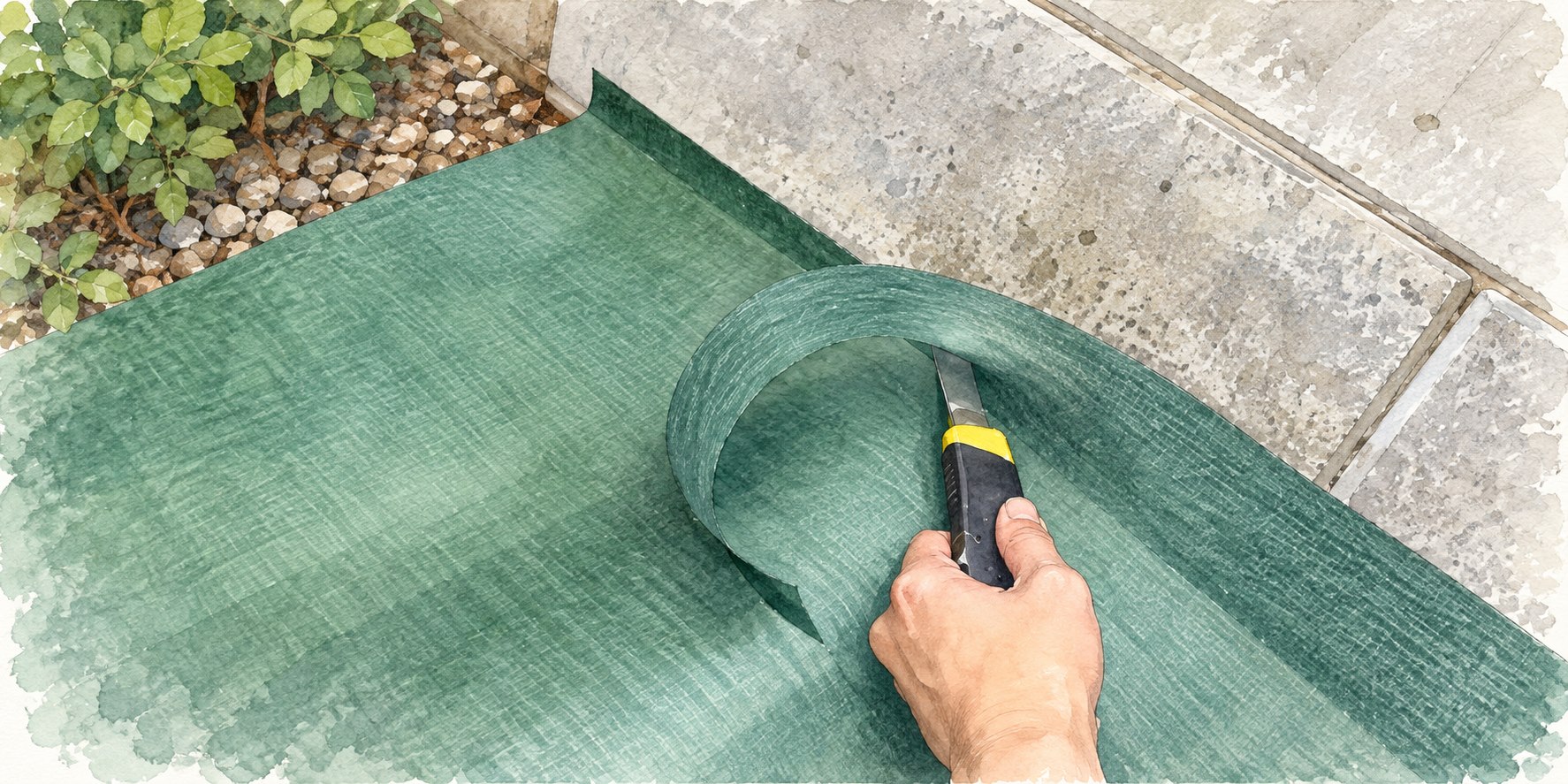 コンクリートの端に合わせて防草シートを加工する作業
