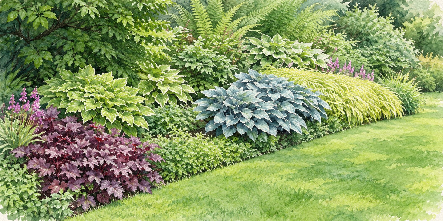 葉色と高さを組み合わせて庭の縁にまとめた植栽