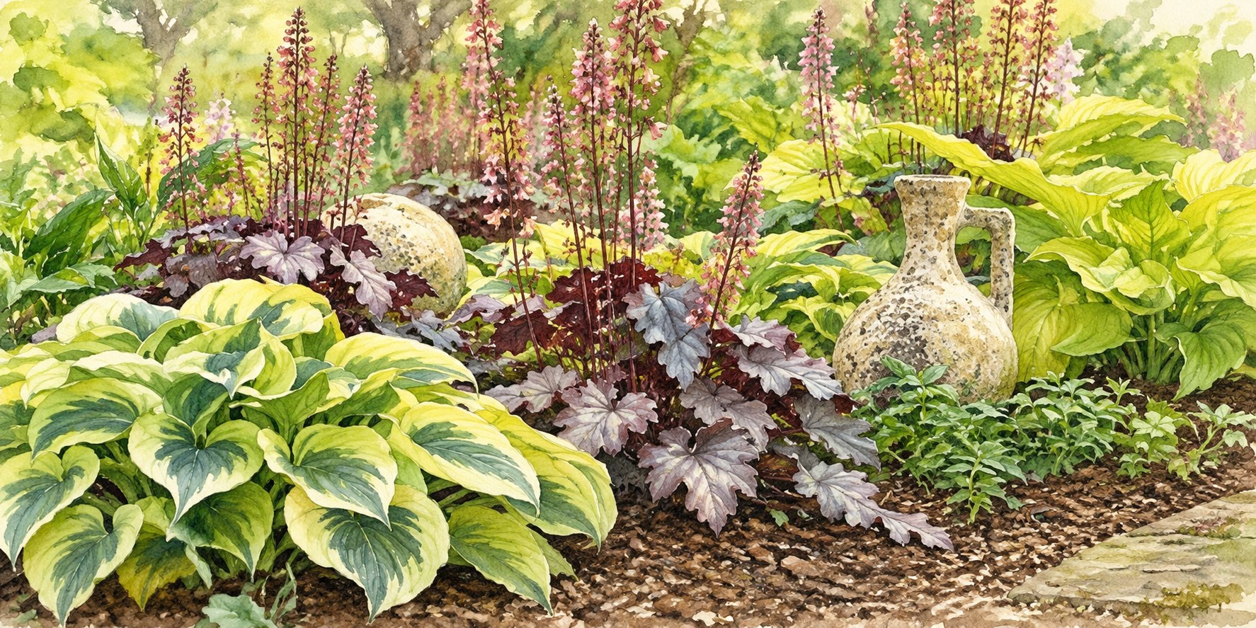 ヒューケラとホスタの葉の形を組み合わせた足元の植栽