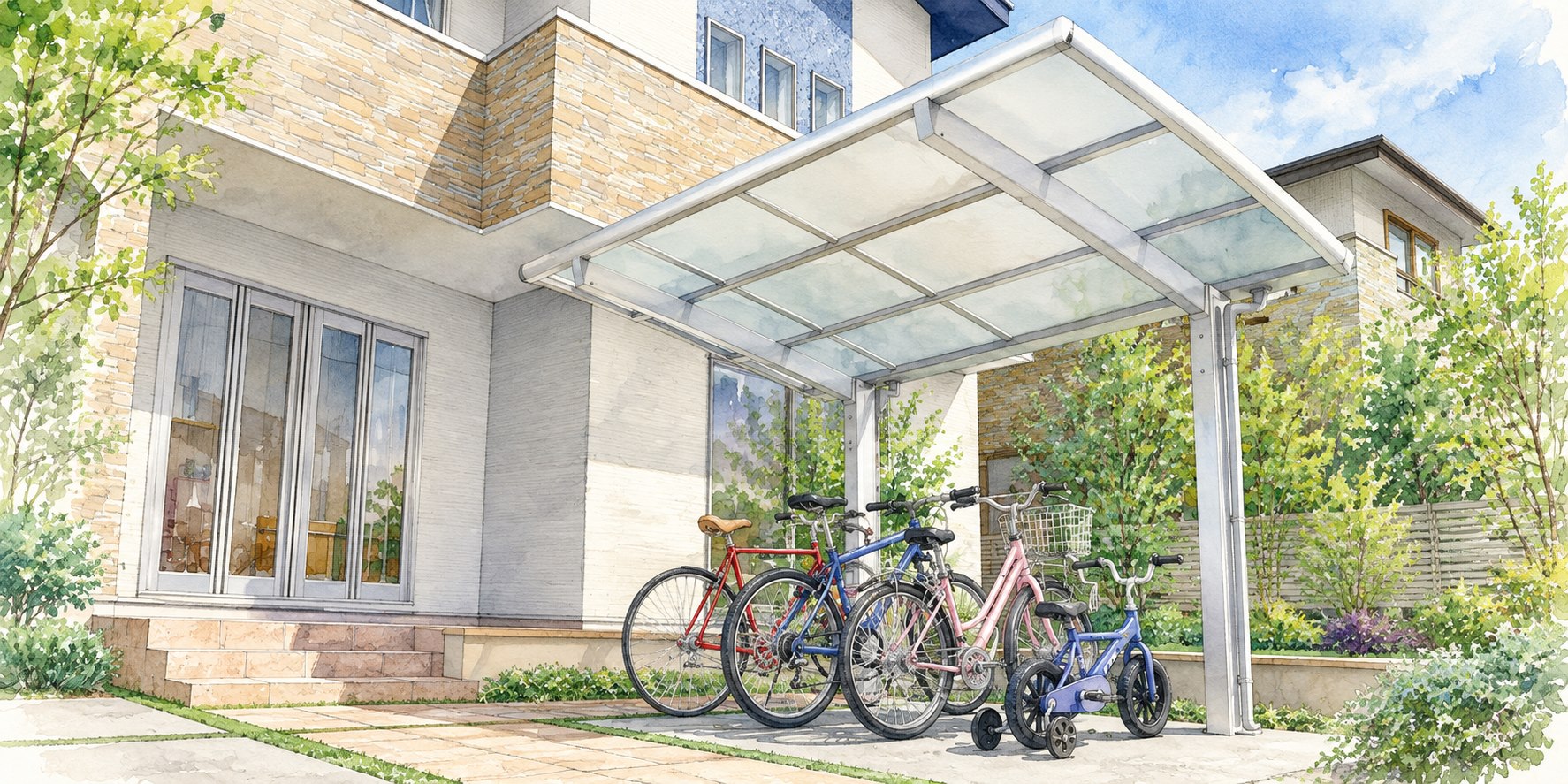 サイクルポートの屋根と支持する柱の構成