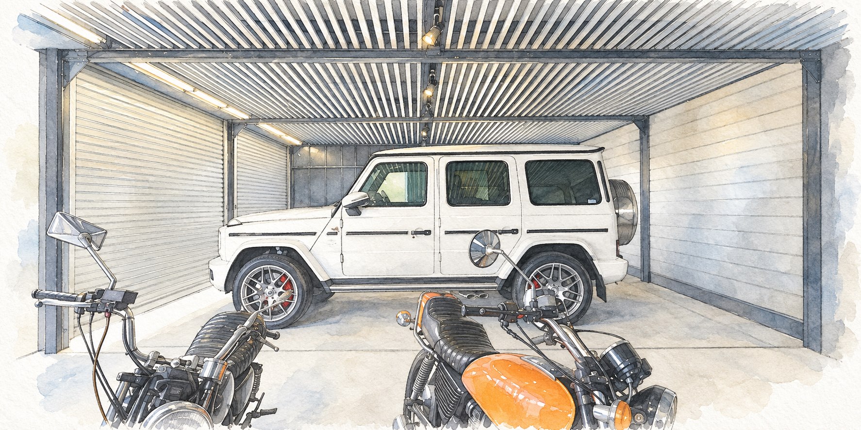 ルーバー天井の照明レールと車両の位置関係が分かるガレージ内部