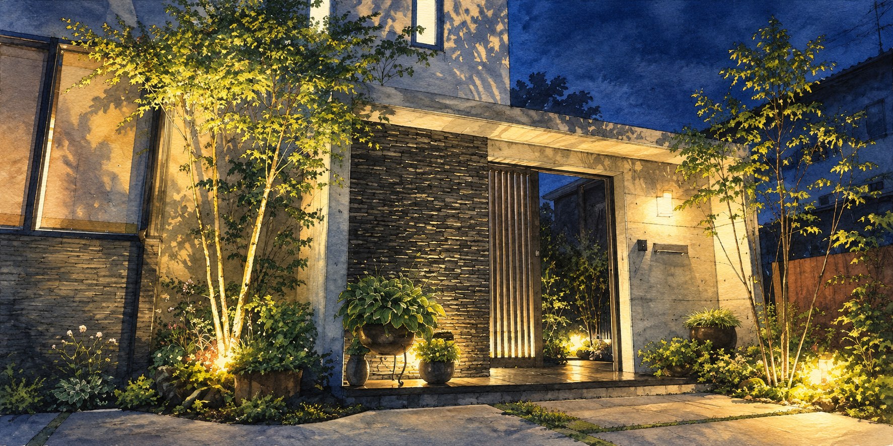 石張りの壁と植栽を暖かな照明で照らす夜の玄関まわり