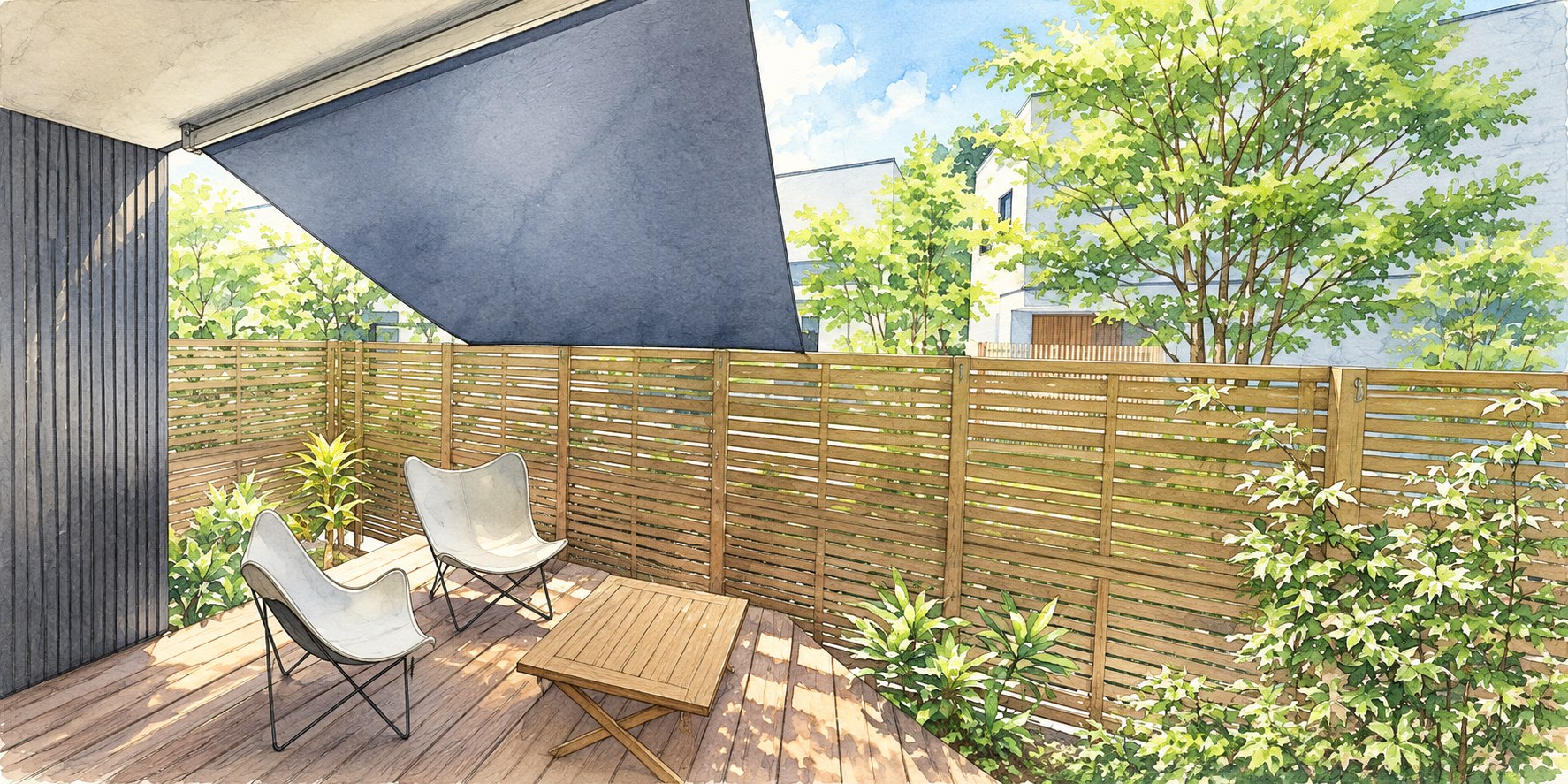 外付けの日よけと植栽を組み合わせた庭の休憩スペース