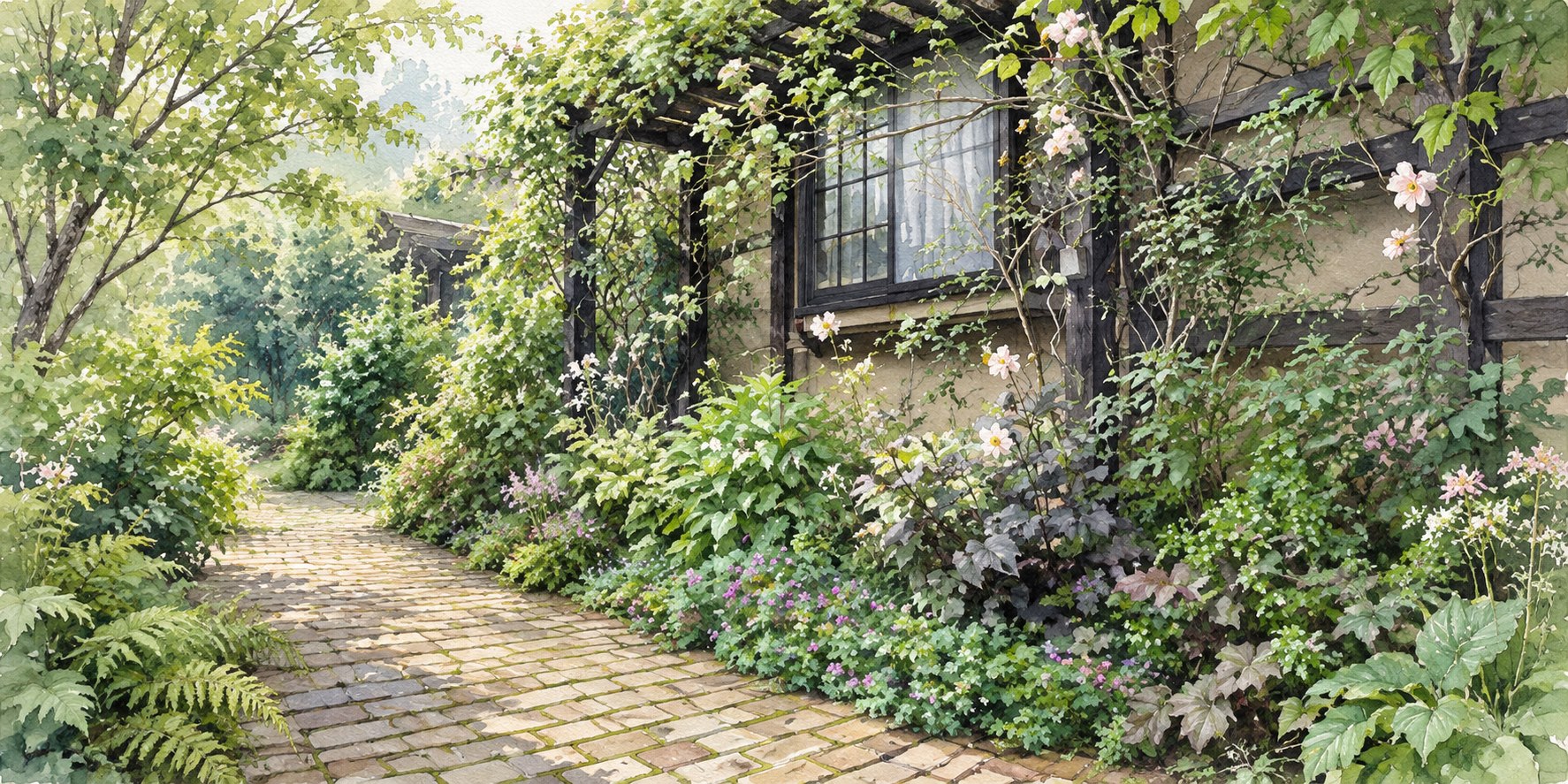 建物の脇に植物と通路を組み合わせた日陰の庭
