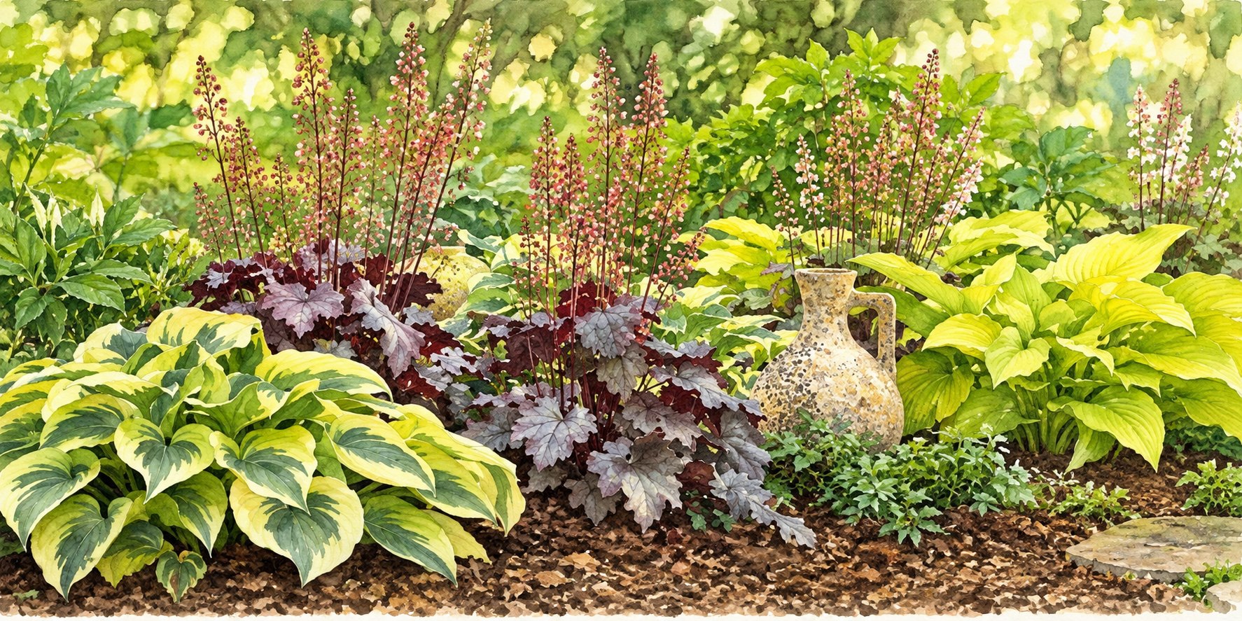 ヒューケラとホスタの葉色と形を組み合わせた植栽