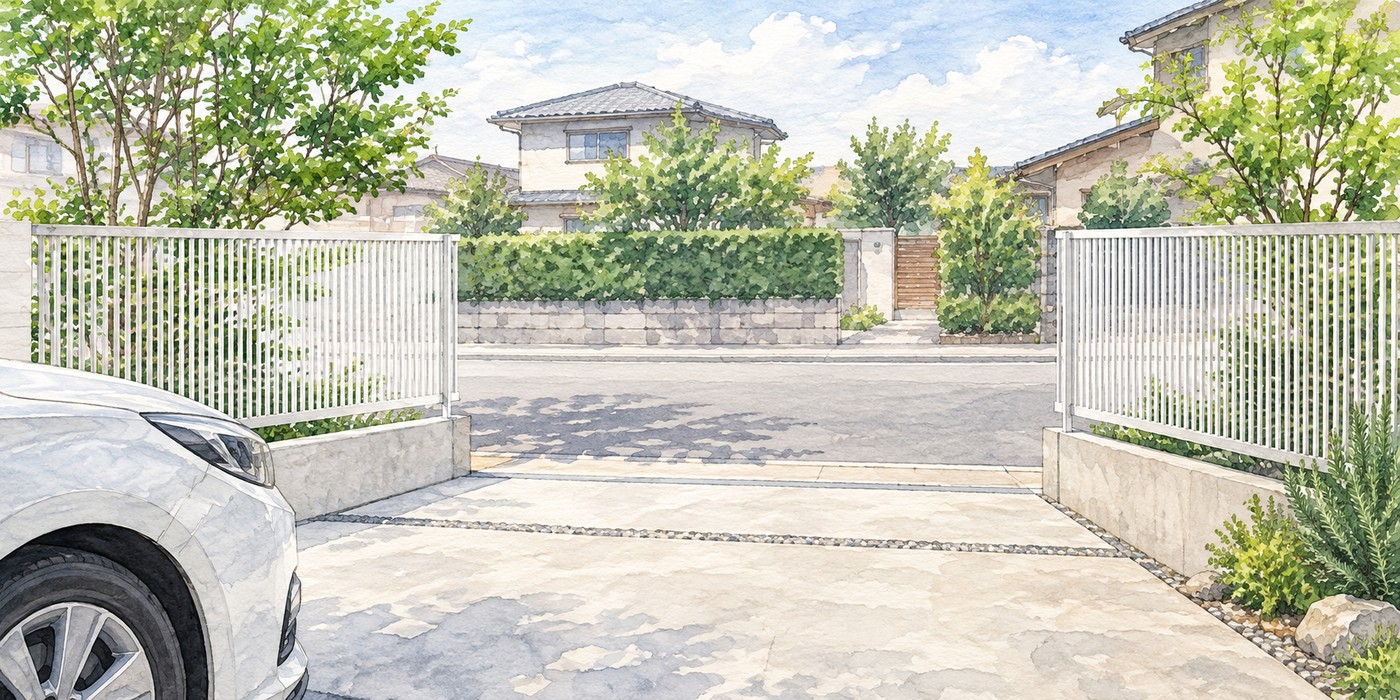 見通せる格子フェンスを配置した駐車場の出口