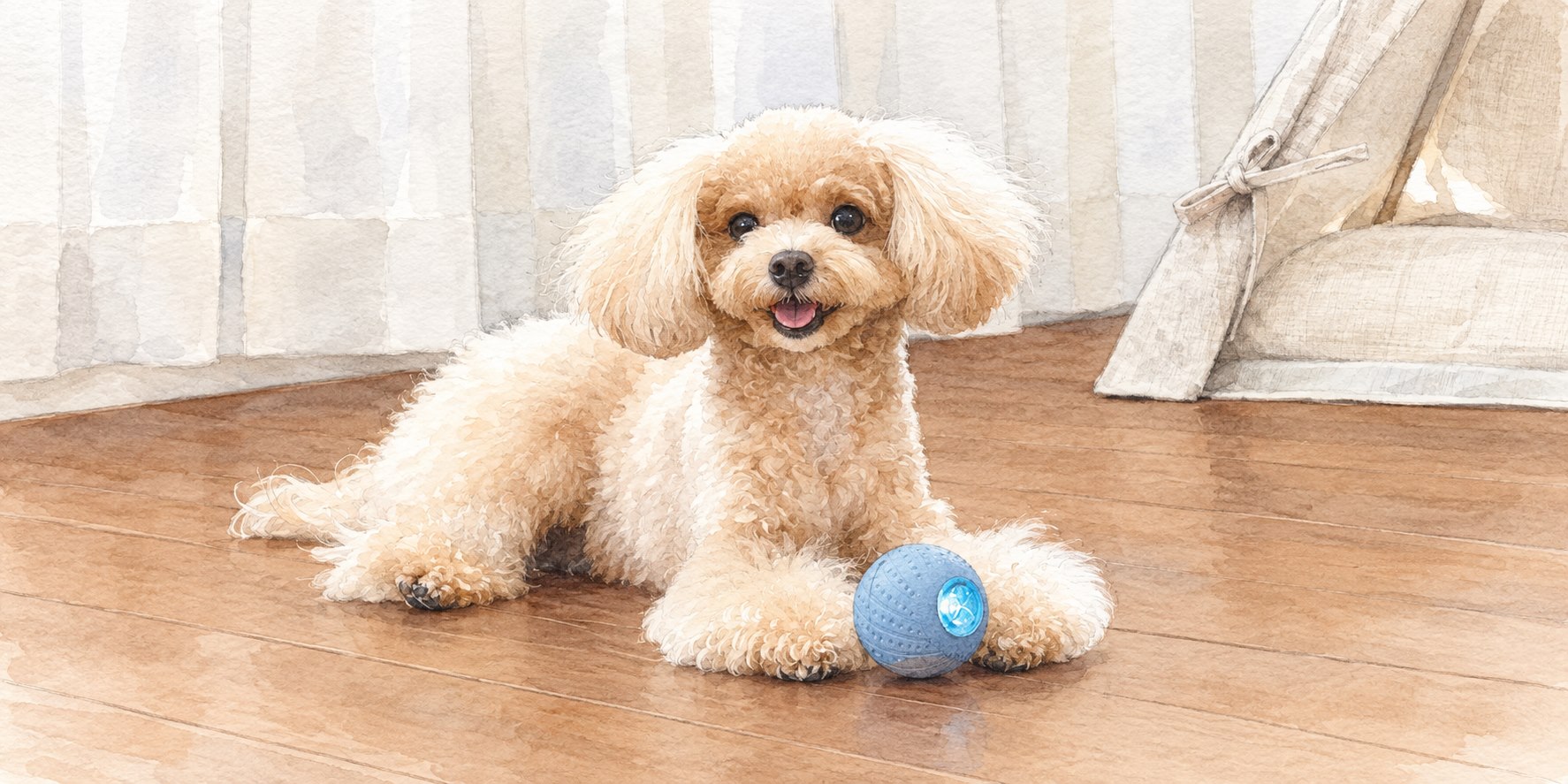 木目の床でくつろぐ小型犬