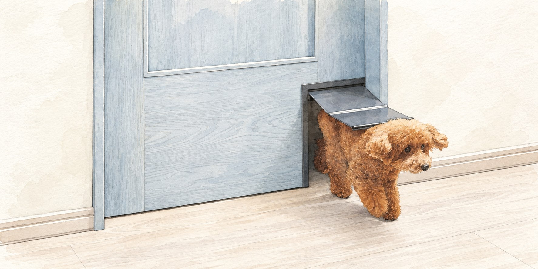 室内ドアのくぐり戸を通る小型犬