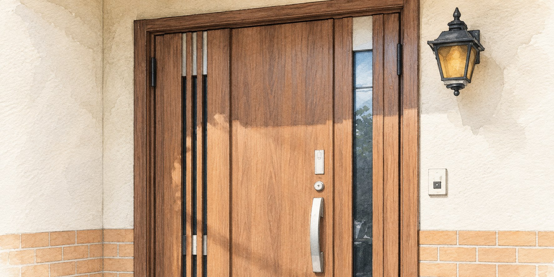 玄関ドアの採光部、ハンドル、枠の組み合わせ
