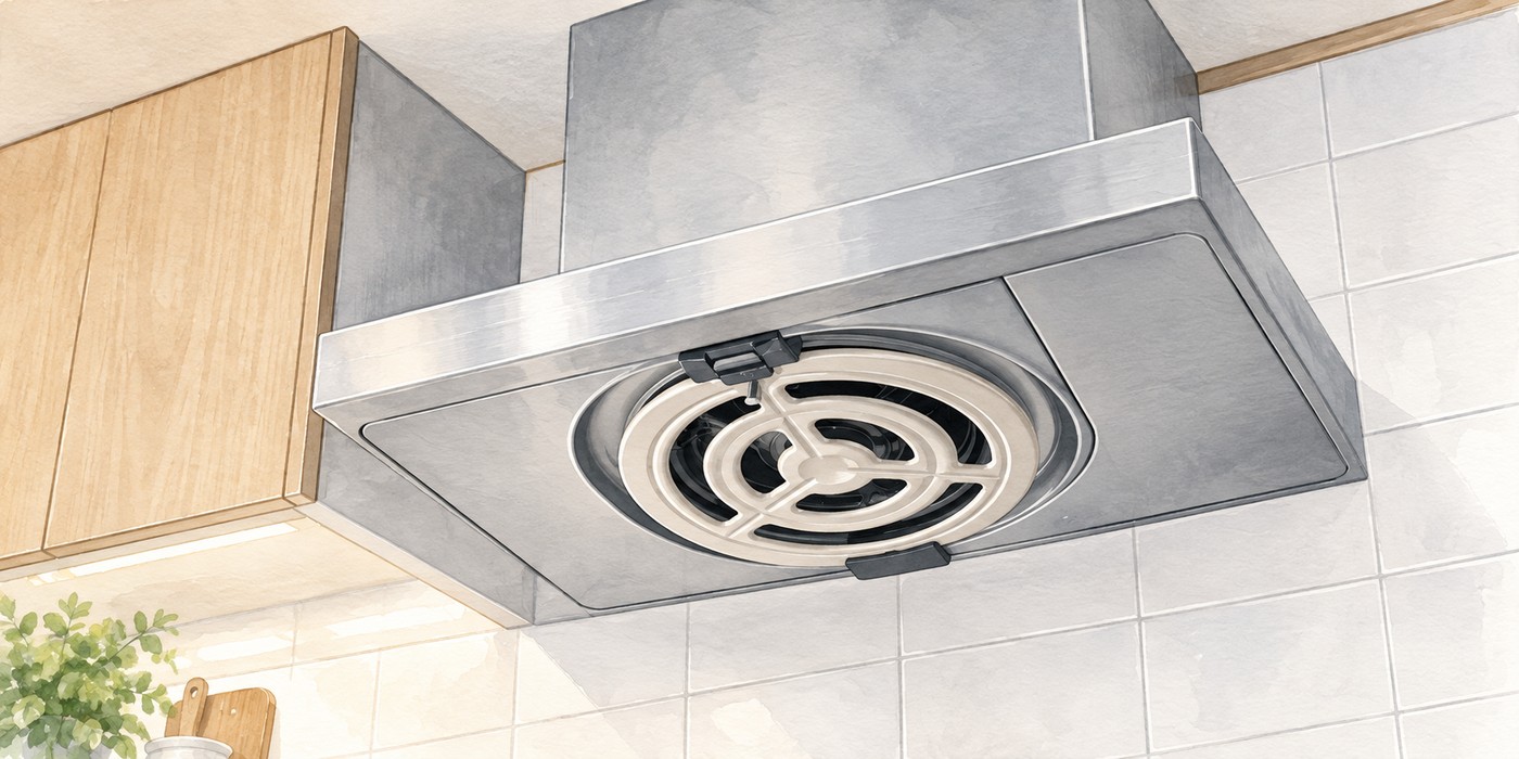 吊戸棚と壁に合わせたレンジフードの納まり