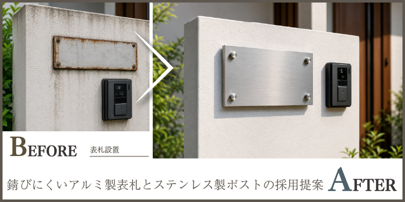 錆びにくいアルミ製表札とステンレス製ポストの採用提案