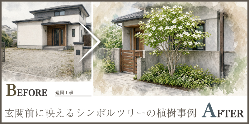 玄関前に映えるシンボルツリーの植樹事例