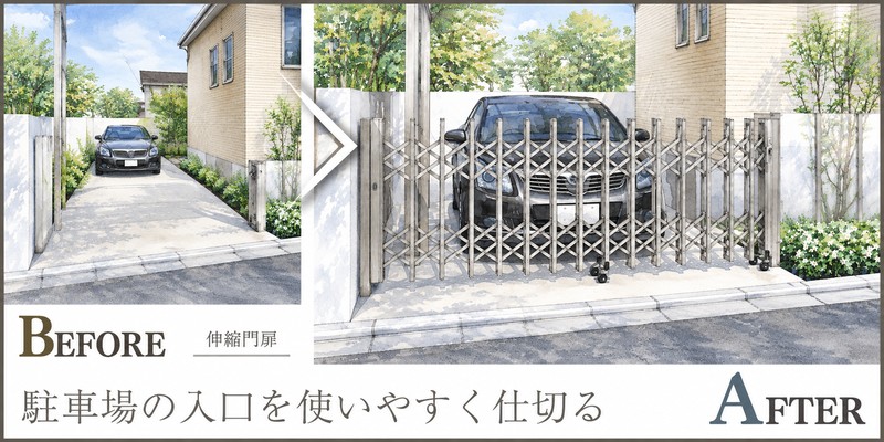 駐車場の入口を必要なときだけ閉じる、伸縮門扉の設置提案