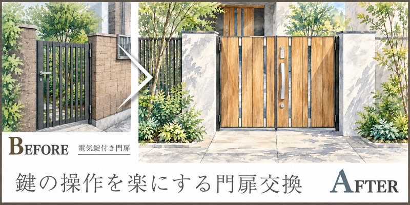 荷物を持ったまま門を開けたい方へ、電気錠付き門扉への交換提案