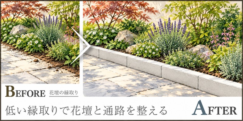 花壇の土が通路へ流れる悩みに、低い縁取りで庭を整える提案