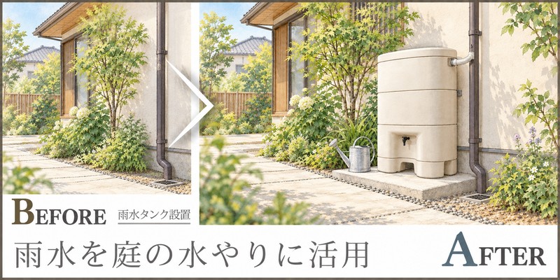 雨どいの水を庭の水やりに、使いやすさを考えた雨水タンク設置提案