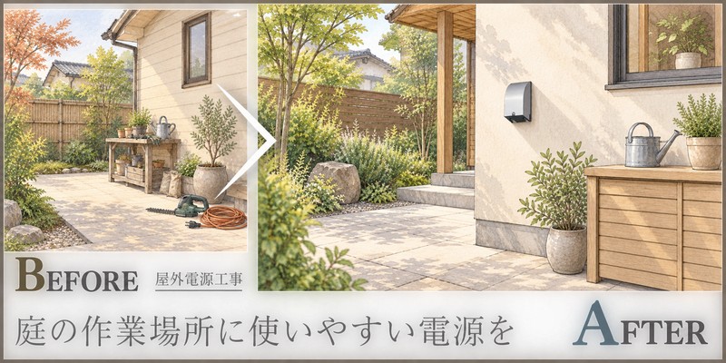 庭の作業場所で電源を使いやすく、屋外コンセント増設の提案