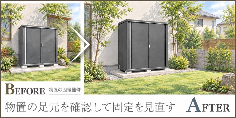 物置を買い替える前に固定状態を確認、転倒防止アンカーの補修提案
