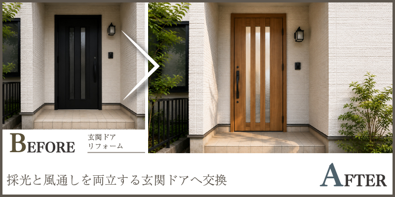 採光と風通しを両立する玄関ドアへ交換
