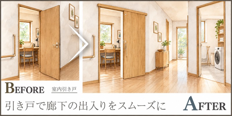 廊下に開くドアが邪魔になる方へ、アウトセット引き戸への交換提案