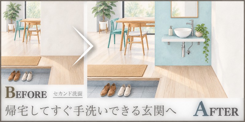 帰宅してすぐ手を洗える、玄関近くのセカンド洗面設置提案