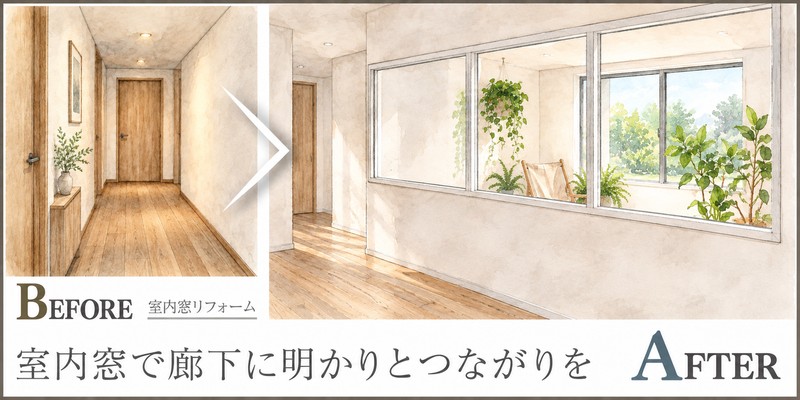 隣の部屋の明かりを廊下へ、壁の一部に室内窓を設ける提案